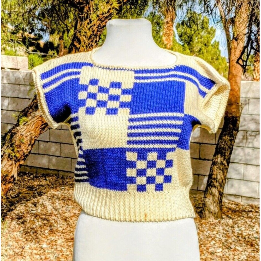 Vintage 1980s Petite Women's Small Knit Geometric Checkerboard Cardigan Top GUC